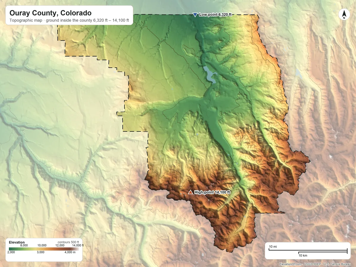 Topographic elevation map of Ouray County, Colorado, shaded from 6,320 ft on the north side to 14,100 ft on Mount Sneffels