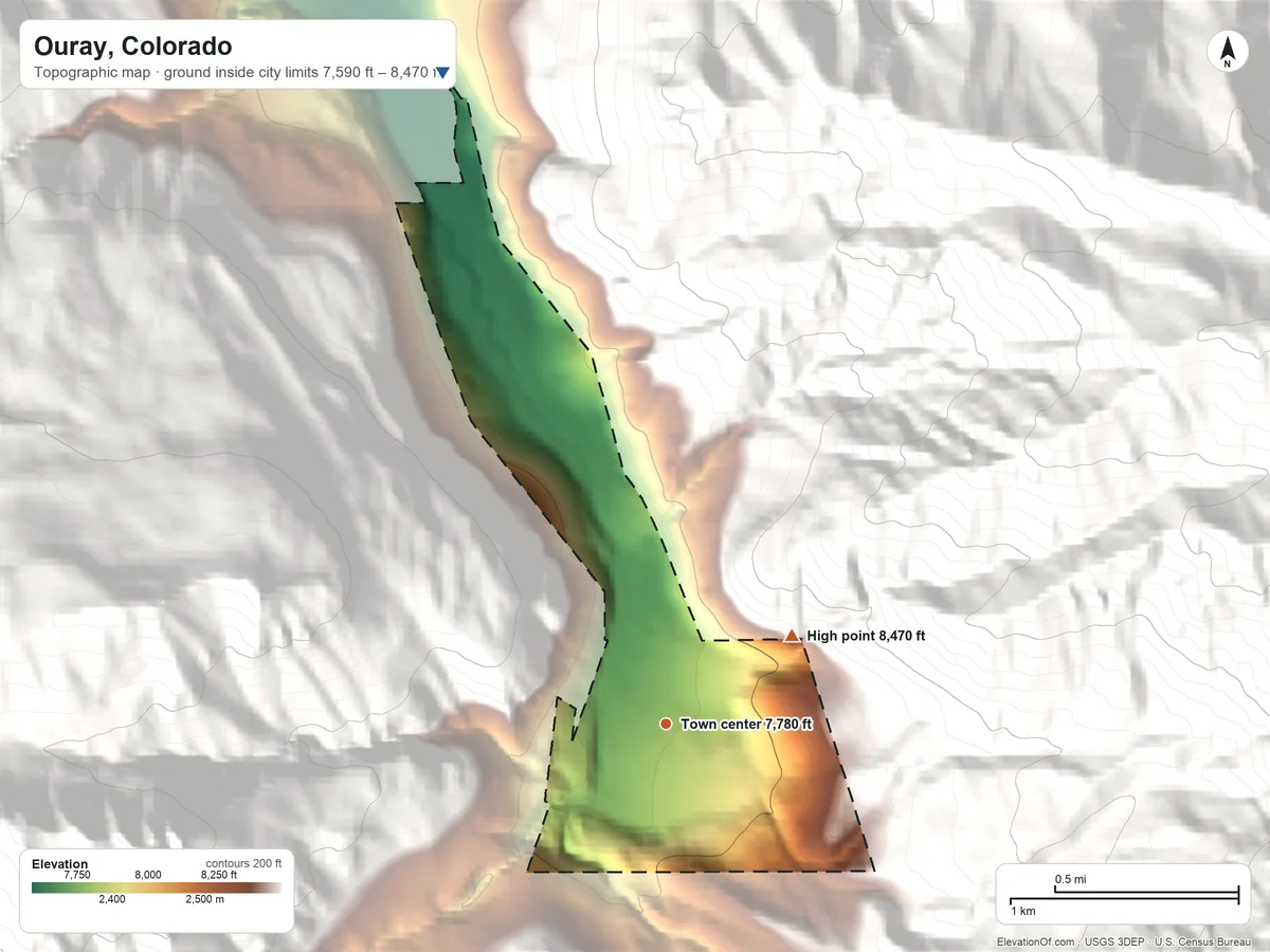 Topographic elevation map of Ouray, Colorado, shaded from 7,590 ft on the north side to 8,470 ft on the northeast edge, below higher ground just outside