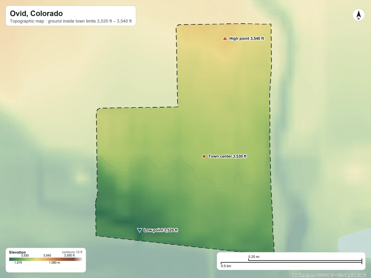 Topographic elevation map of Ovid, Colorado, shaded from 3,520 ft on the southwest side to 3,540 ft on the north side
