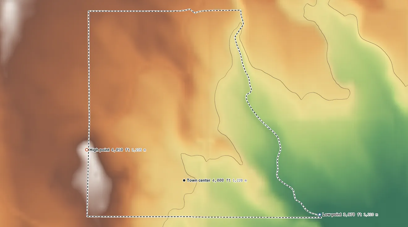 Topographic elevation map of Padroni, Colorado, shaded from 3,970 ft on the east side to 4,050 ft on the west side