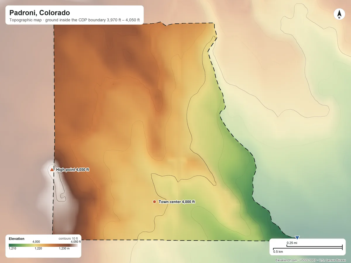Topographic elevation map of Padroni, Colorado, shaded from 3,970 ft on the east side to 4,050 ft on the west side