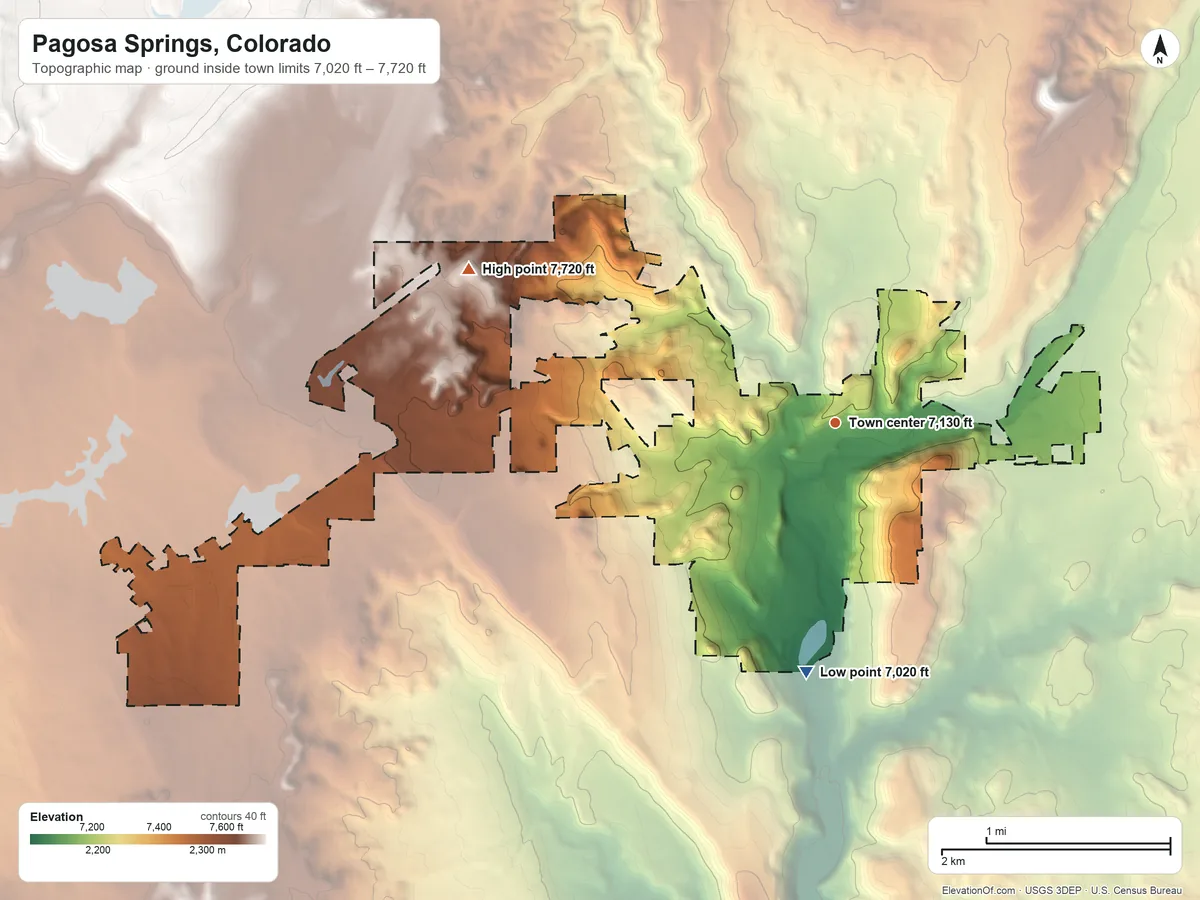 Topographic elevation map of Pagosa Springs, Colorado, shaded from 7,020 ft on the south side to 7,720 ft on the northwest side