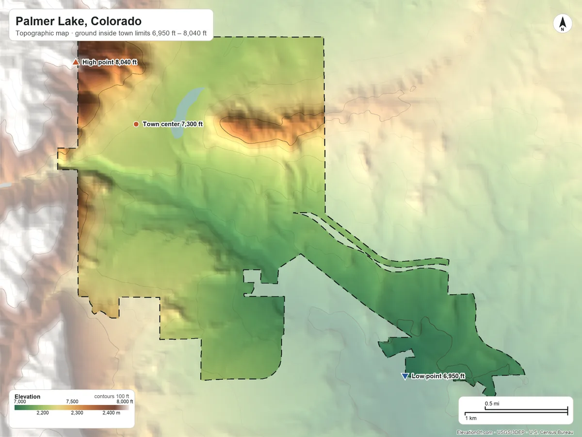 Topographic elevation map of Palmer Lake, Colorado, shaded from 6,950 ft on the southeast side to 8,040 ft at the foot of the Rampart Range