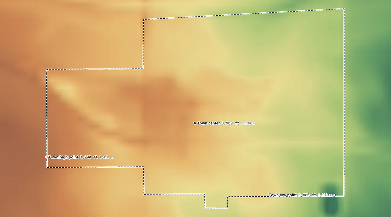 Topographic elevation map of Paoli, Colorado, shaded from 3,880 ft on the southeast side to 3,900 ft on the west side