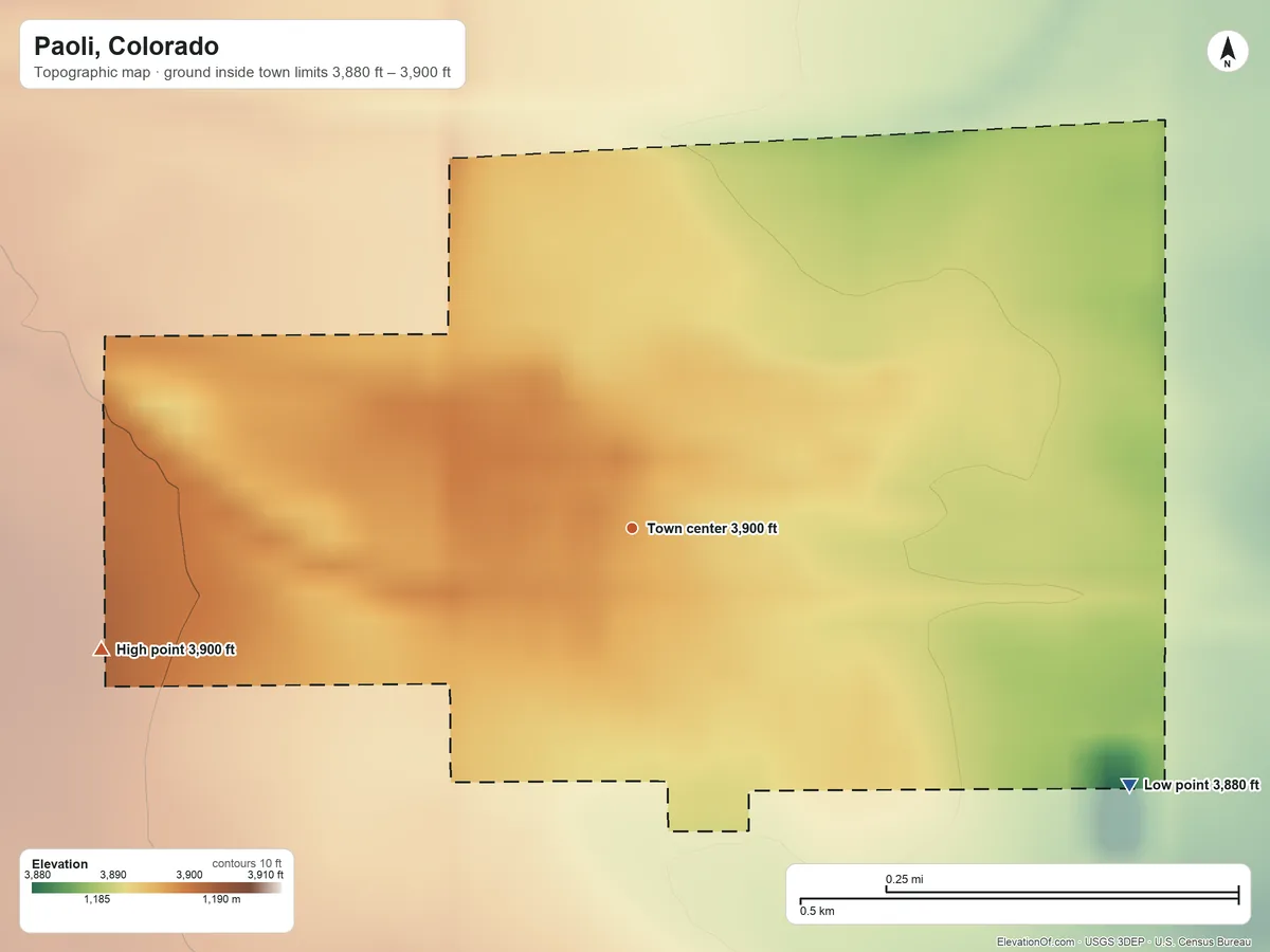 Topographic elevation map of Paoli, Colorado, shaded from 3,880 ft on the southeast side to 3,900 ft on the west side