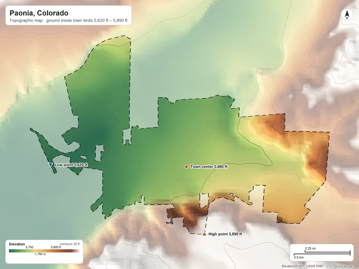 Topographic elevation map of Paonia, Colorado, shaded from 5,620 ft on the west side to 5,890 ft on the south edge, below higher ground just outside
