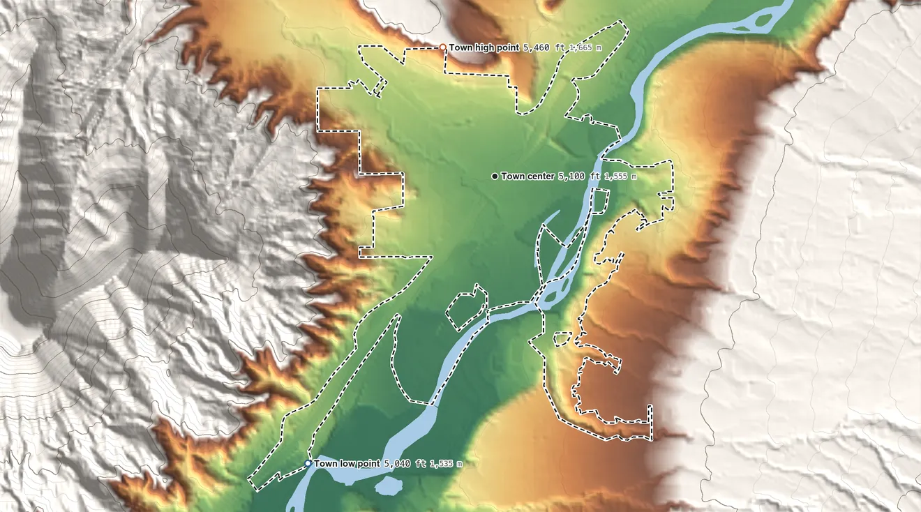Topographic elevation map of Parachute, Colorado, shaded from 5,040 ft on the southwest side to 5,460 ft on the north edge, below higher ground just outside