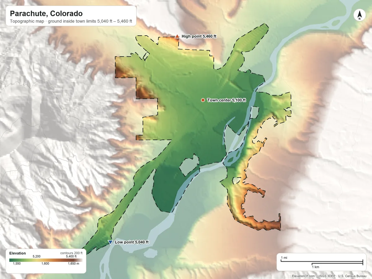 Topographic elevation map of Parachute, Colorado, shaded from 5,040 ft on the southwest side to 5,460 ft on the north edge, below higher ground just outside