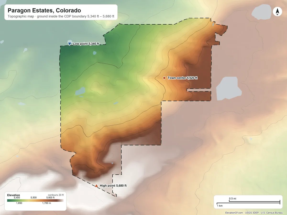 Topographic elevation map of Paragon Estates, Colorado, shaded from 5,340 ft on the west side to 5,680 ft on the southwest side
