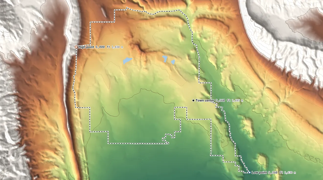 Topographic elevation map of Park Center, Colorado, shaded from 5,340 ft on the southeast side to 6,000 ft on the northwest edge, below higher ground just outside