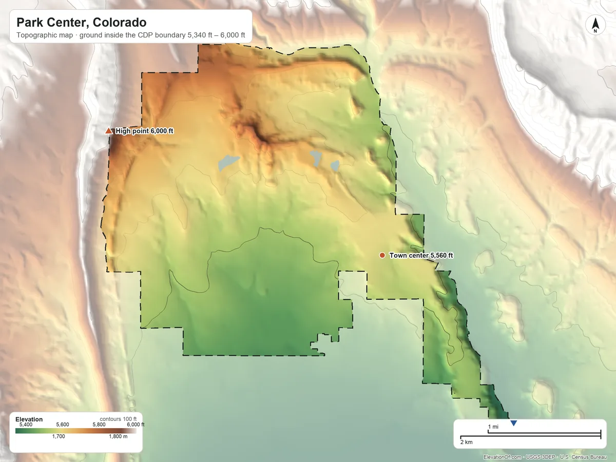 Topographic elevation map of Park Center, Colorado, shaded from 5,340 ft on the southeast side to 6,000 ft on the northwest edge, below higher ground just outside