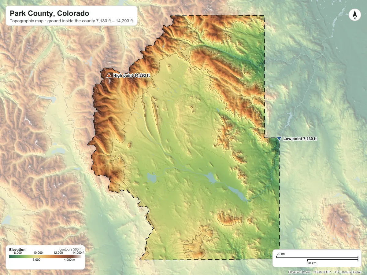 Topographic elevation map of Park County, Colorado, shaded from 7,130 ft on the east side to 14,293 ft on Mount Lincoln