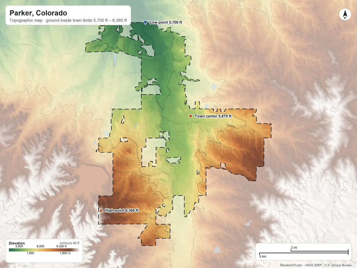 Topographic elevation map of Parker, Colorado, shaded from 5,700 ft on the northwest side to 6,360 ft on the southwest side