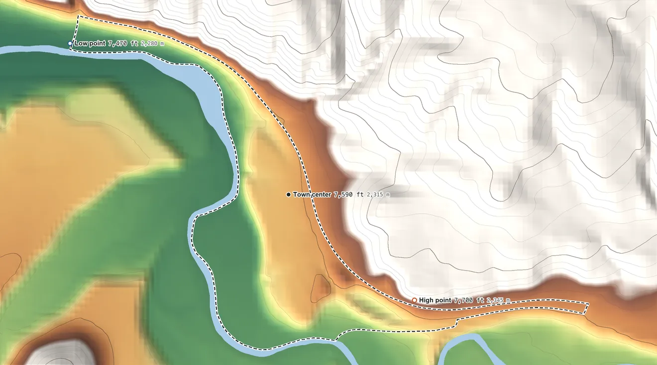 Topographic elevation map of Parshall, Colorado, shaded from 7,470 ft on the northwest side to 7,700 ft on the southeast edge, below higher ground just outside