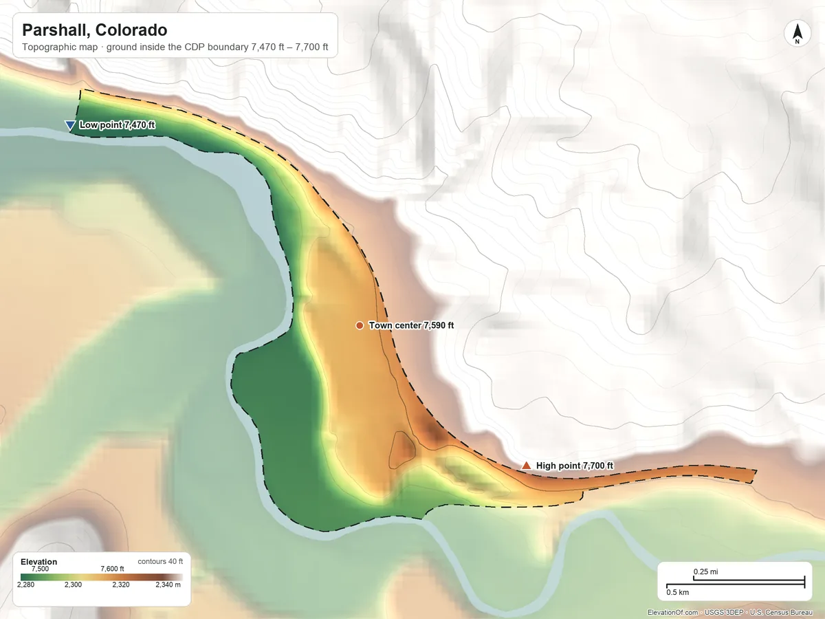 Topographic elevation map of Parshall, Colorado, shaded from 7,470 ft on the northwest side to 7,700 ft on the southeast edge, below higher ground just outside