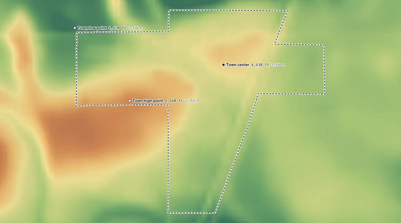 Topographic elevation map of Peetz, Colorado, shaded from 4,420 ft on the west side to 4,440 ft on the west side