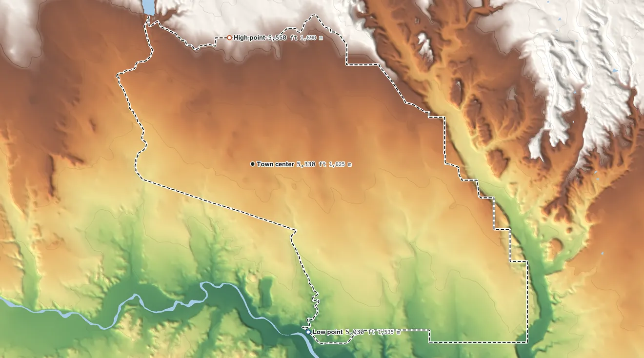 Topographic elevation map of Penrose, Colorado, shaded from 5,030 ft on the south side to 5,550 ft on the north side