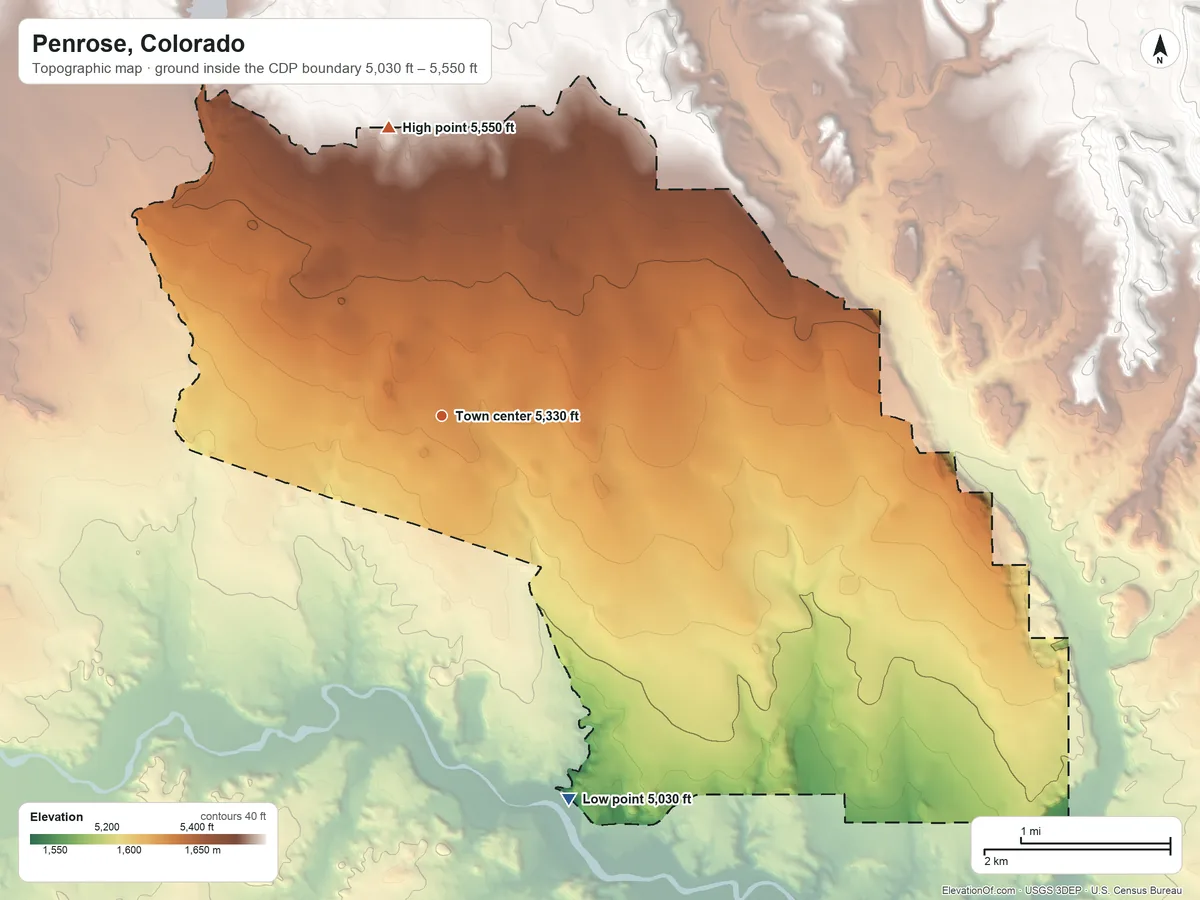 Topographic elevation map of Penrose, Colorado, shaded from 5,030 ft on the south side to 5,550 ft on the north side