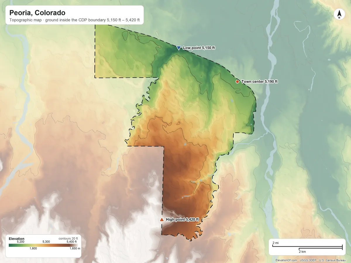 Topographic elevation map of Peoria, Colorado, shaded from 5,150 ft on the northwest side to 5,420 ft on the southwest side