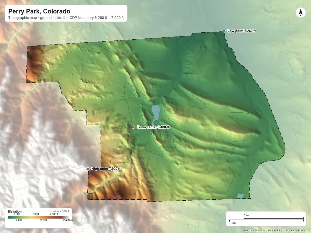 Topographic elevation map of Perry Park, Colorado, shaded from 6,260 ft on the northeast side to 7,900 ft at the foot of the Rampart Range