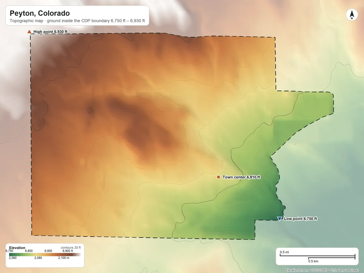 Topographic elevation map of Peyton, Colorado, shaded from 6,750 ft on the southeast side to 6,930 ft on the northwest edge, below higher ground just outside