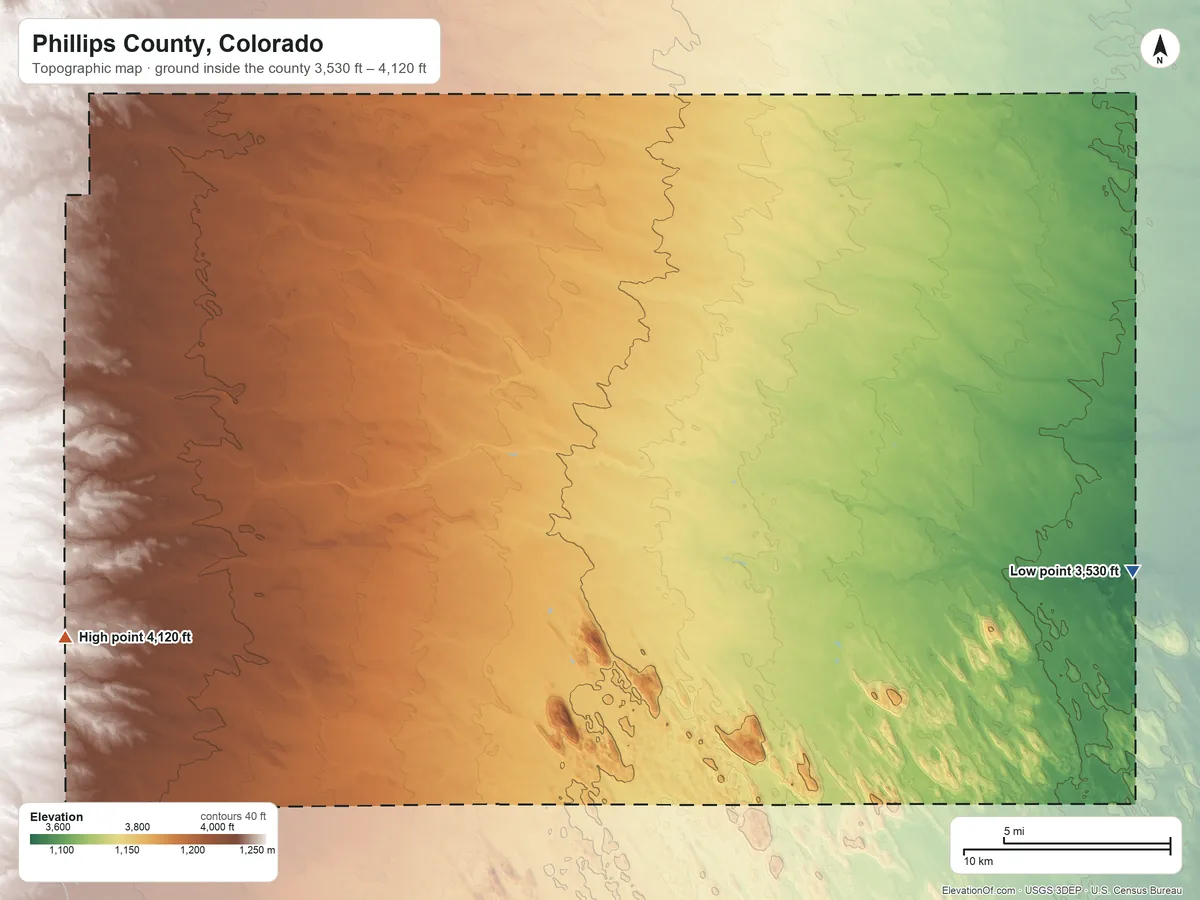 Topographic elevation map of Phillips County, Colorado, shaded from 3,530 ft on the east side to 4,120 ft on the west side