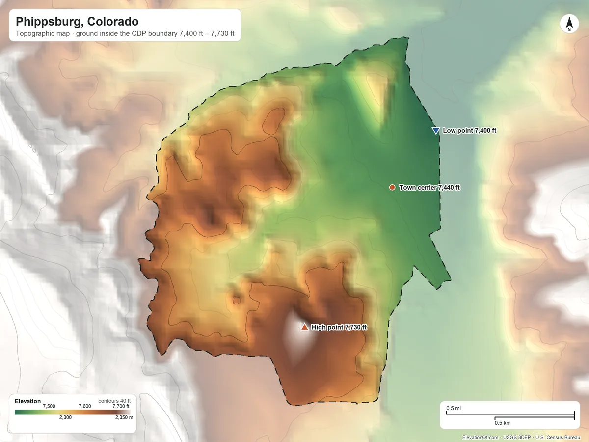 Topographic elevation map of Phippsburg, Colorado, shaded from 7,400 ft on the northeast side to 7,730 ft on the southwest edge, below higher ground just outside