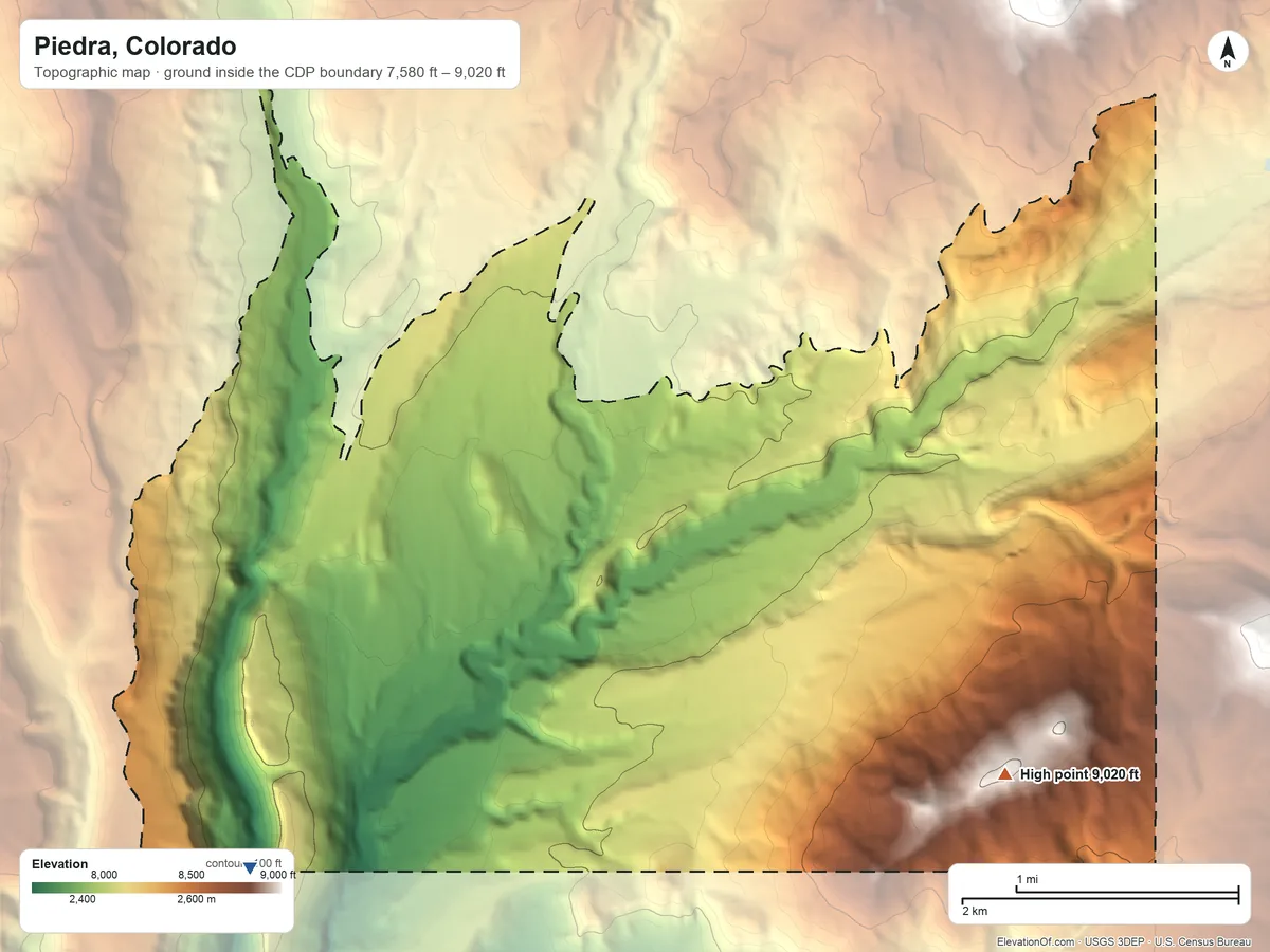 Topographic elevation map of Piedra, Colorado, shaded from 7,580 ft on the southwest side to 9,020 ft on O'Neal Hill