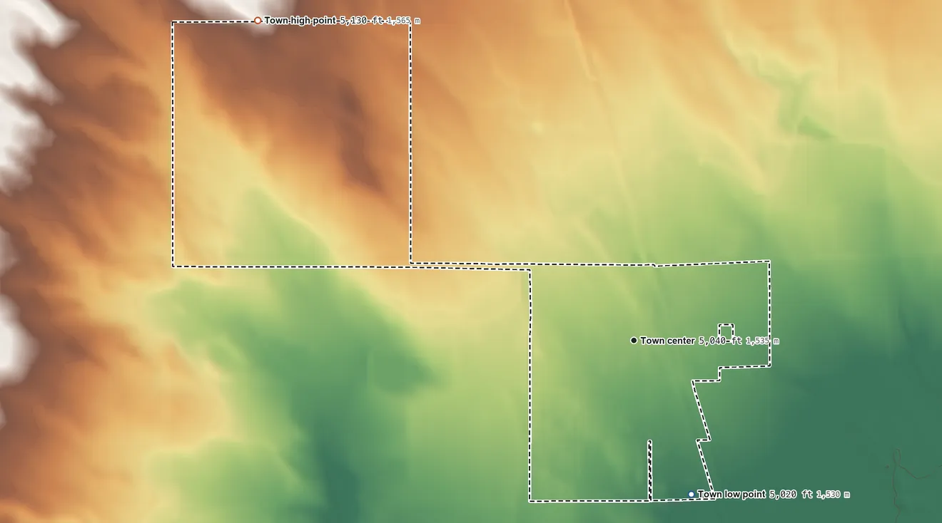 Topographic elevation map of Pierce, Colorado, shaded from 5,020 ft on the south side to 5,130 ft on the northwest side