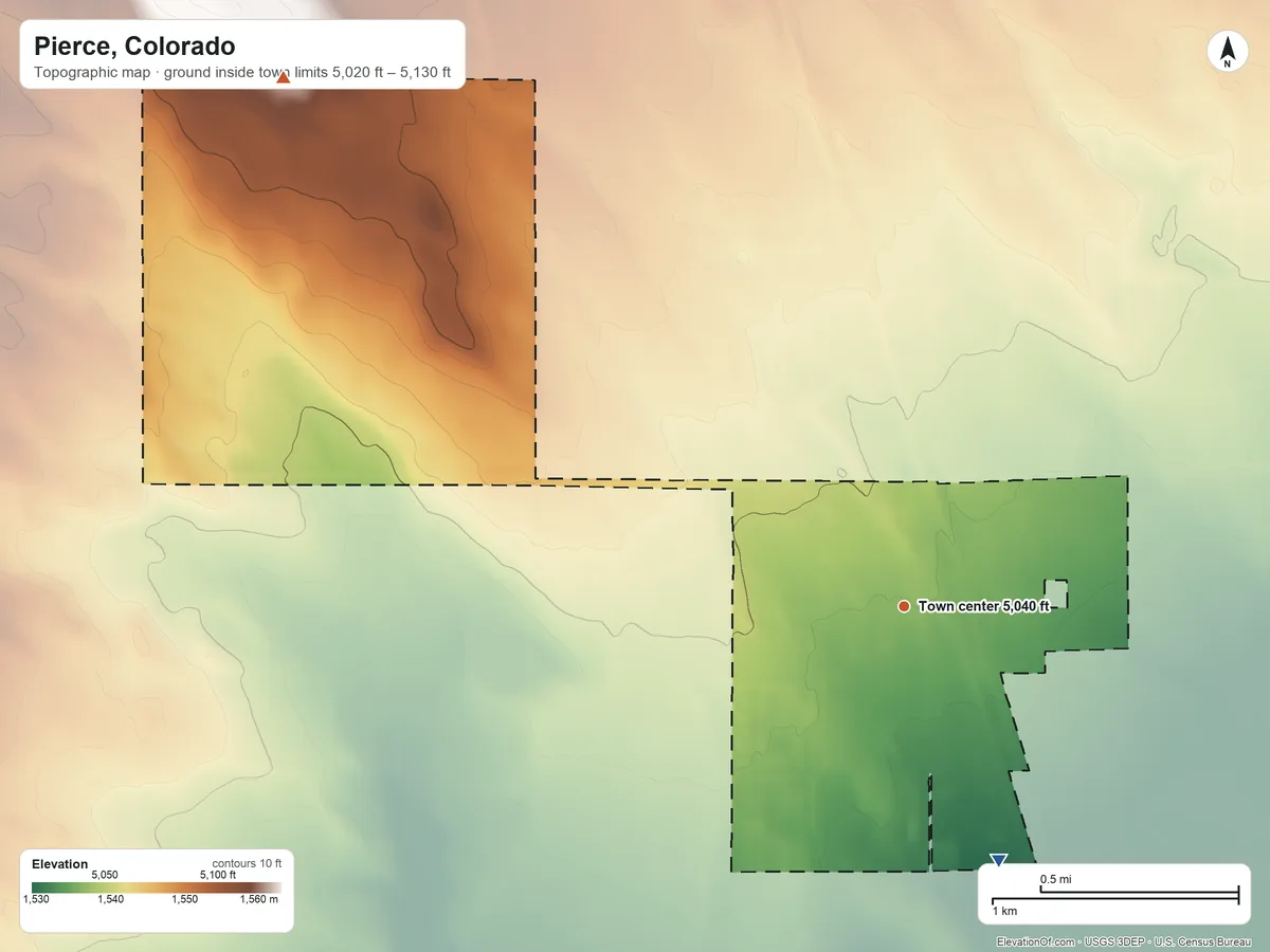 Topographic elevation map of Pierce, Colorado, shaded from 5,020 ft on the south side to 5,130 ft on the northwest side