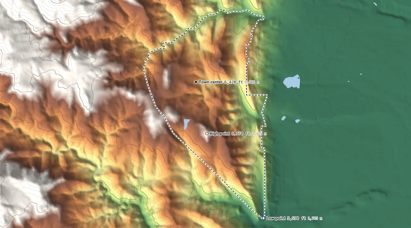 Topographic elevation map of Pine Brook Hill, Colorado, shaded from 5,590 ft on the southeast side to 6,970 ft on the south side