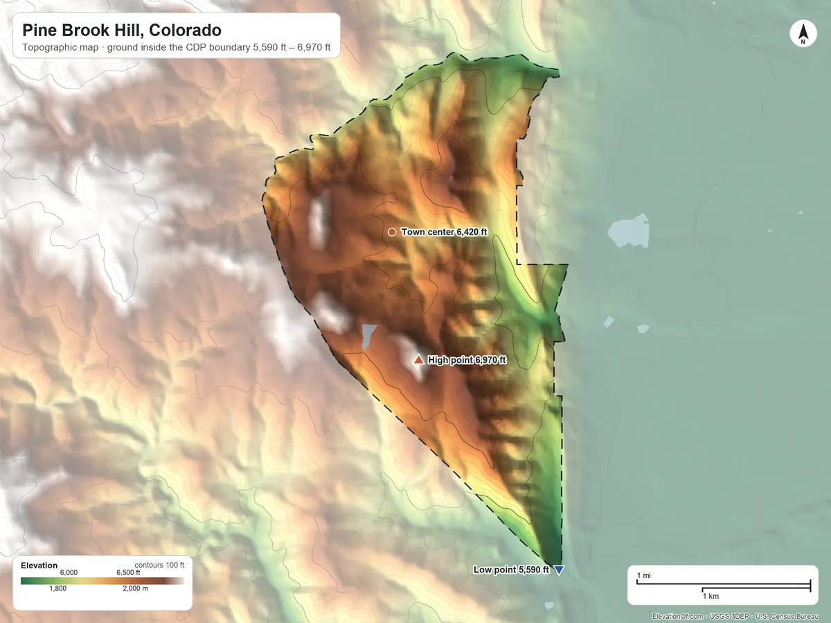 Topographic elevation map of Pine Brook Hill, Colorado, shaded from 5,590 ft on the southeast side to 6,970 ft on the south side