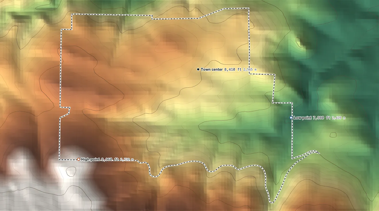 Topographic elevation map of Pine Valley, Colorado, shaded from 7,980 ft on the southeast side to 8,960 ft on the southwest edge, below higher ground just outside