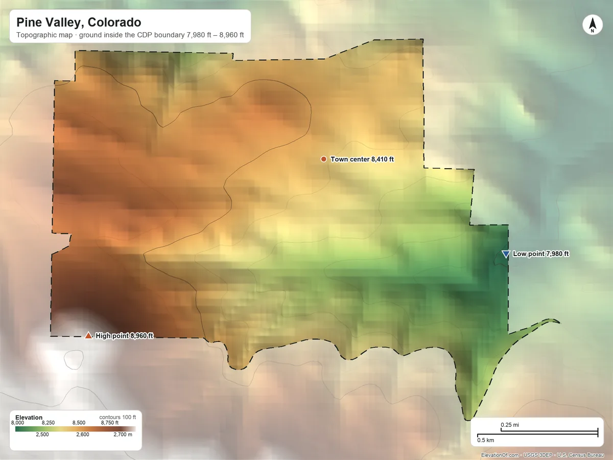 Topographic elevation map of Pine Valley, Colorado, shaded from 7,980 ft on the southeast side to 8,960 ft on the southwest edge, below higher ground just outside