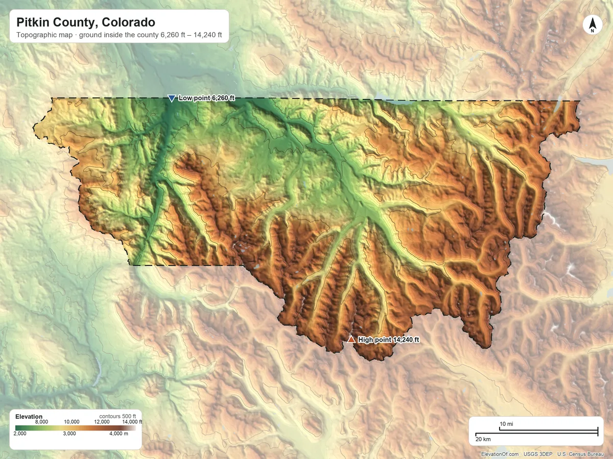 Topographic elevation map of Pitkin County, Colorado, shaded from 6,260 ft on the northwest side to 14,240 ft on Castle Peak