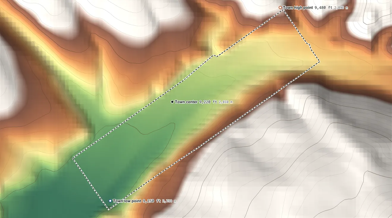 Topographic elevation map of Pitkin, Colorado, shaded from 9,150 ft on the southwest side to 9,480 ft on the northeast edge, below higher ground just outside