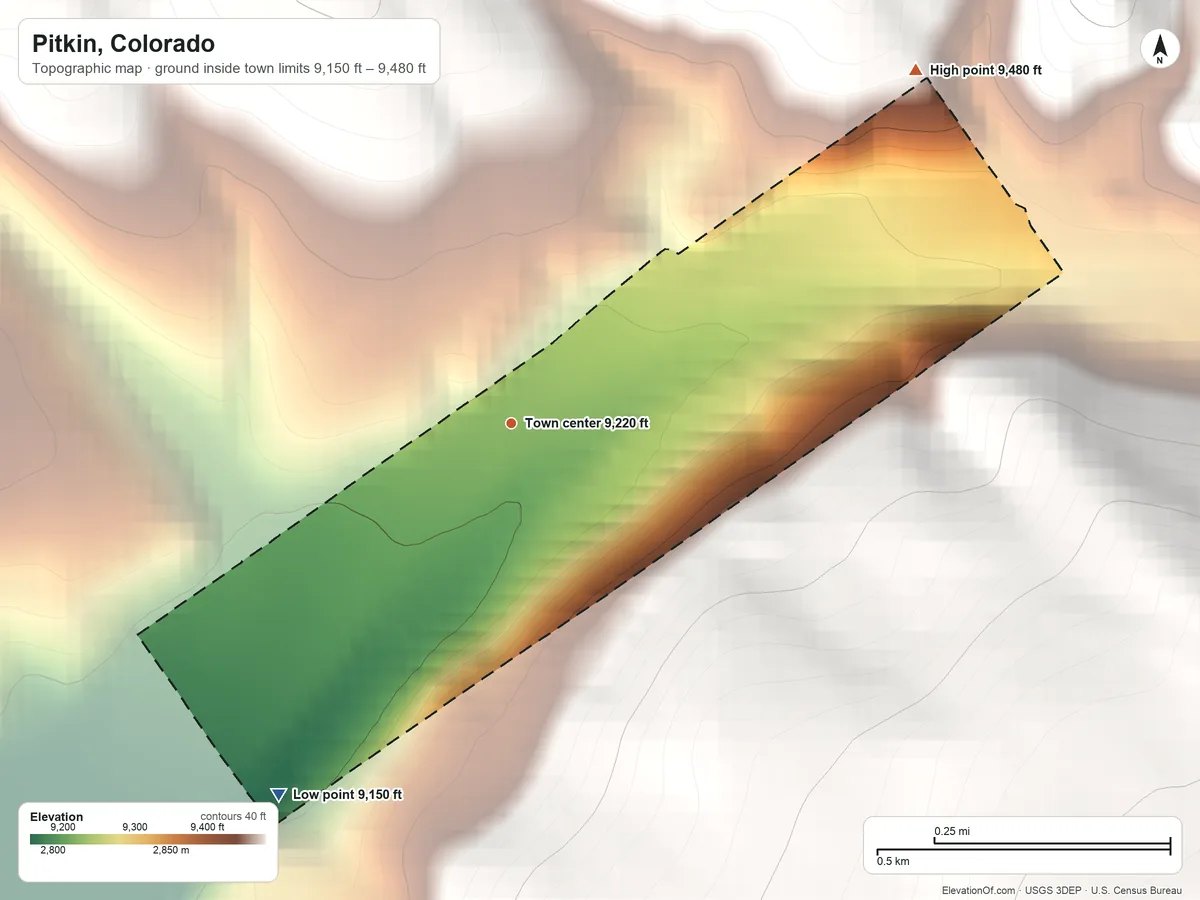 Topographic elevation map of Pitkin, Colorado, shaded from 9,150 ft on the southwest side to 9,480 ft on the northeast edge, below higher ground just outside
