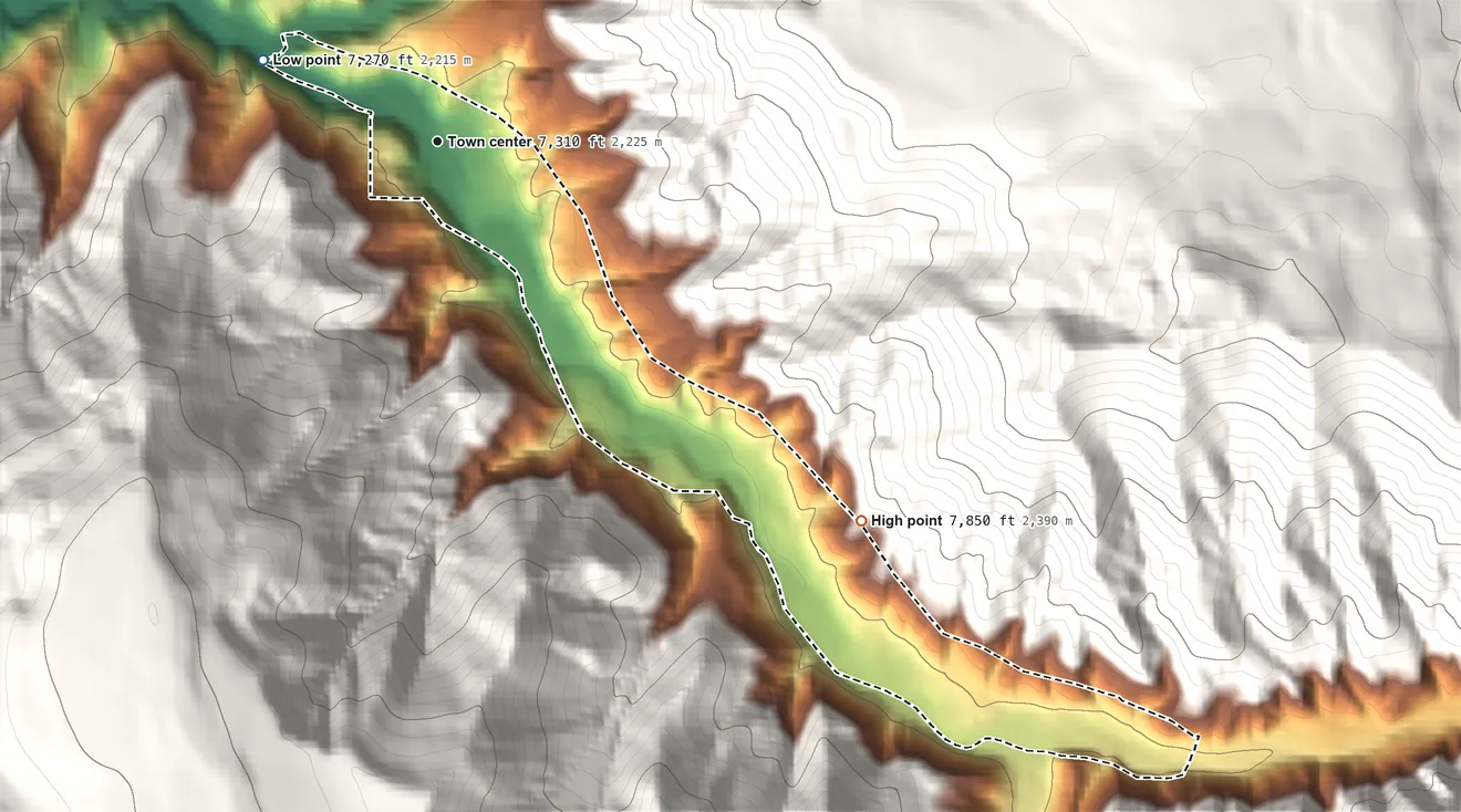 Topographic elevation map of Placerville, Colorado, shaded from 7,270 ft on the northwest side to 7,850 ft at the foot of the San Miguel Mountains