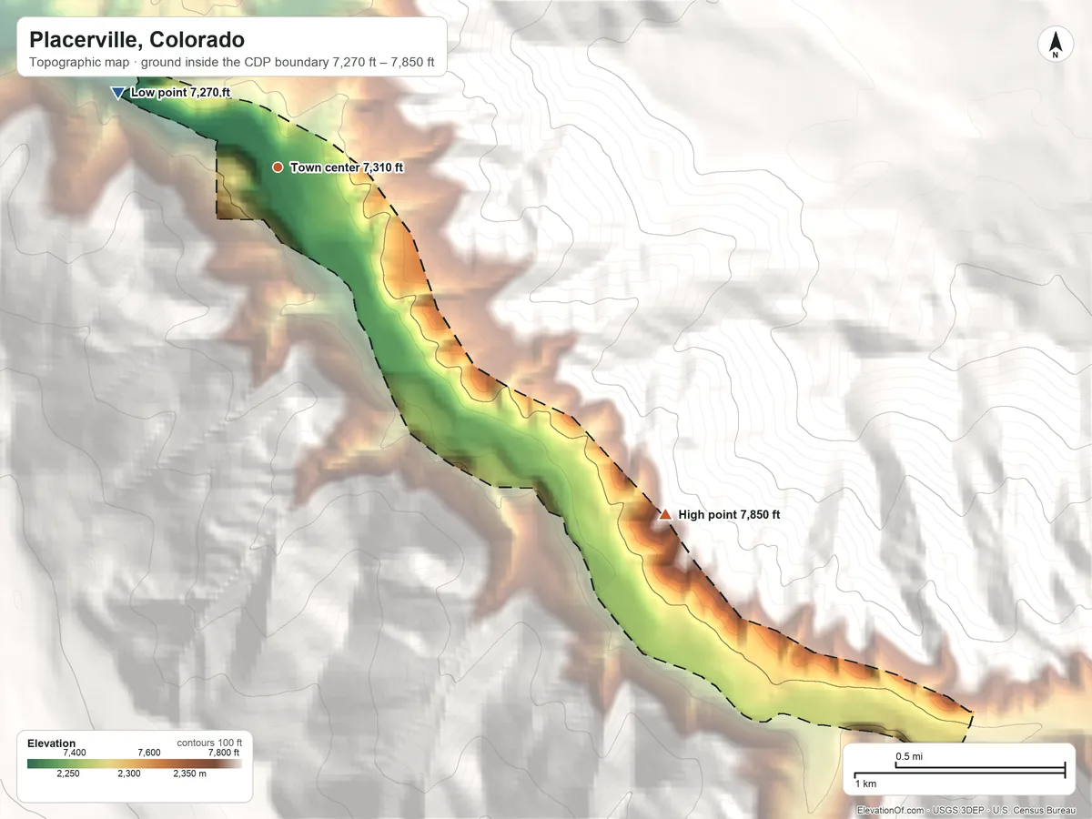 Topographic elevation map of Placerville, Colorado, shaded from 7,270 ft on the northwest side to 7,850 ft at the foot of the San Miguel Mountains