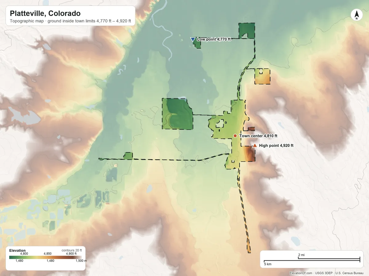 Topographic elevation map of Platteville, Colorado, shaded from 4,770 ft on the northwest side to 4,920 ft near the middle