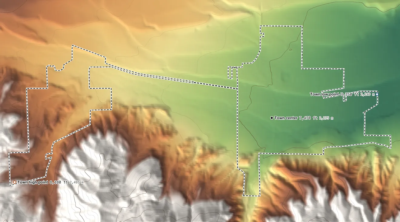 Topographic elevation map of Poncha Springs, Colorado, shaded from 7,350 ft on the east side to 8,180 ft on the west edge, below higher ground just outside