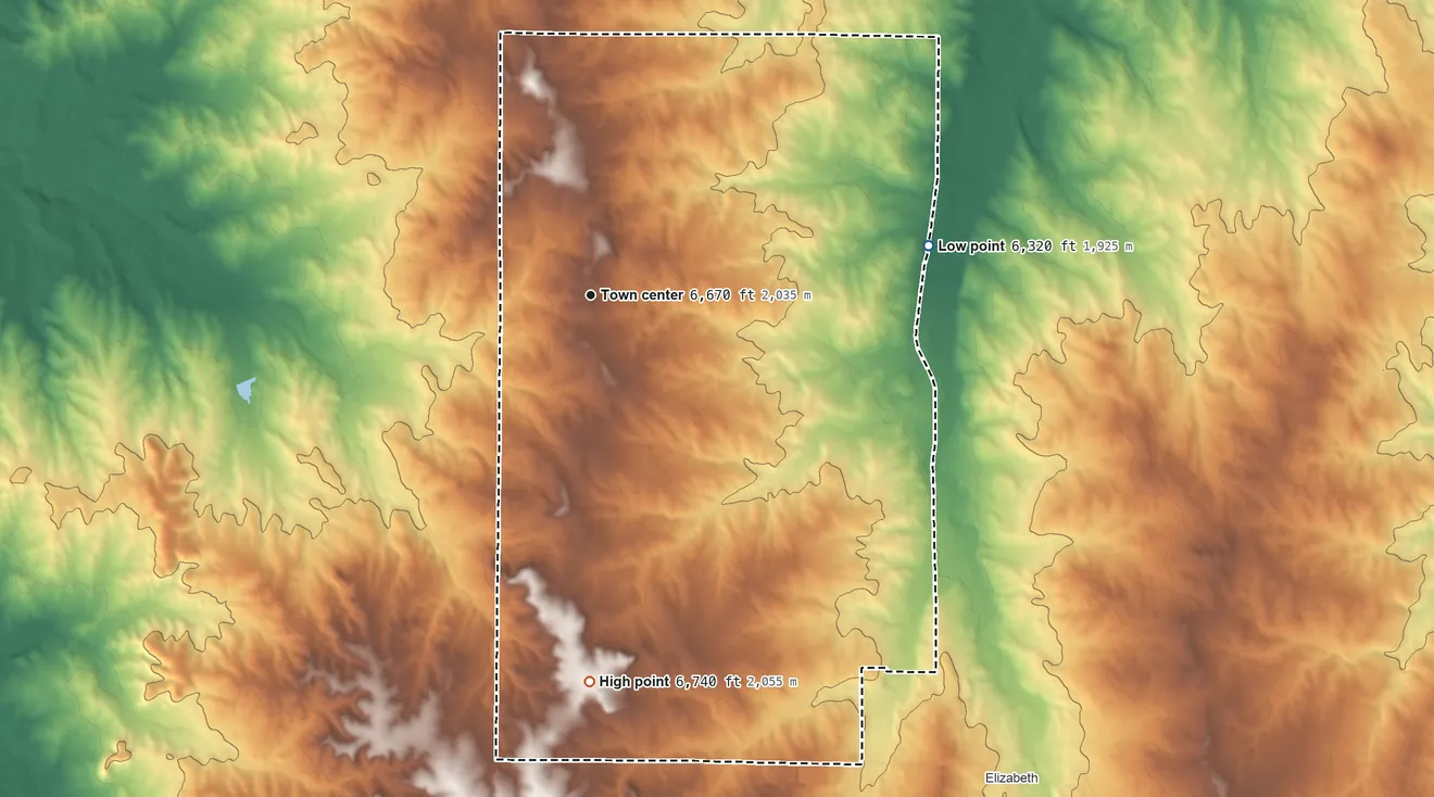 Topographic elevation map of Ponderosa Park, Colorado, shaded from 6,320 ft on the east side to 6,740 ft on the south side