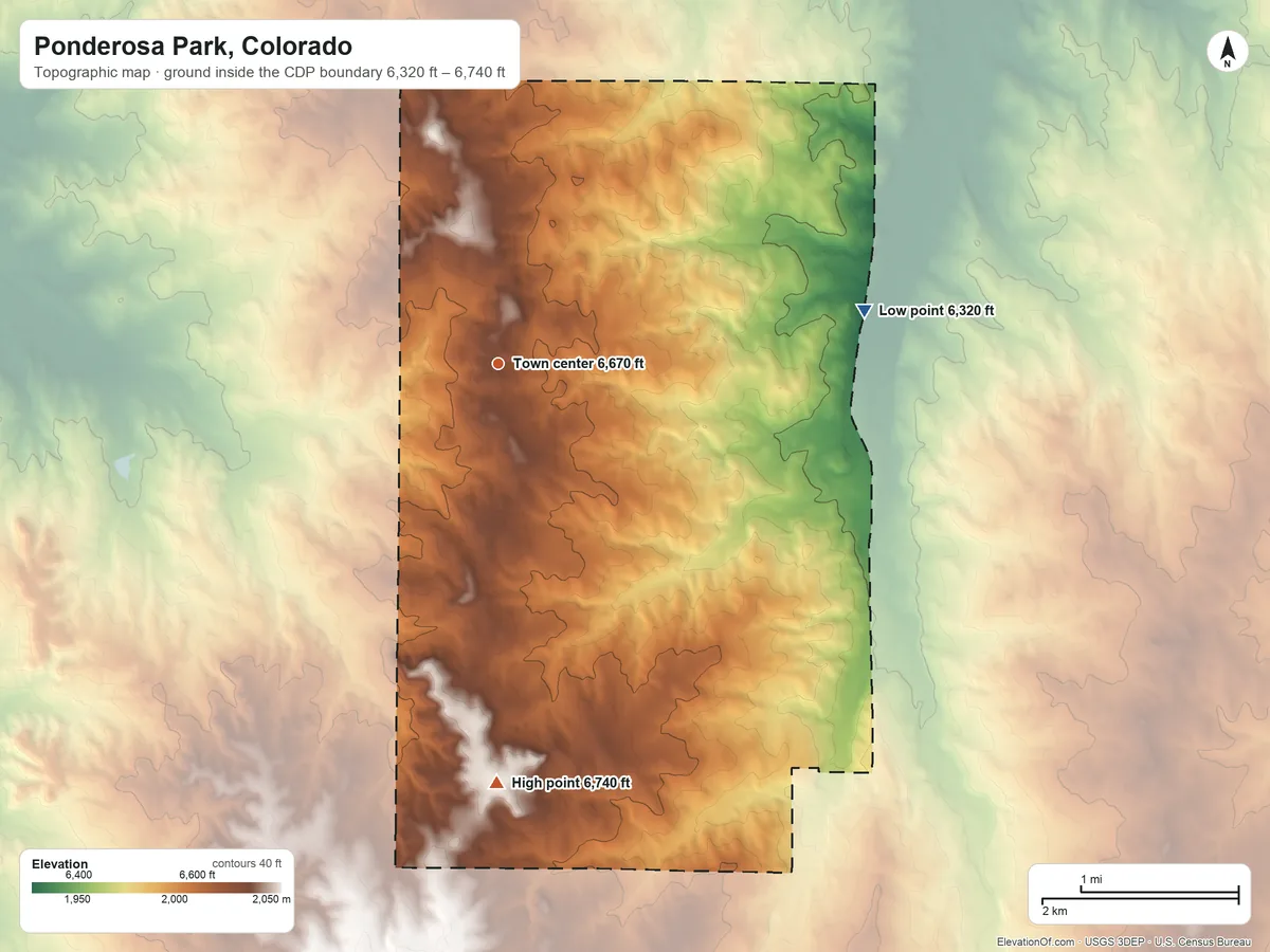 Topographic elevation map of Ponderosa Park, Colorado, shaded from 6,320 ft on the east side to 6,740 ft on the south side