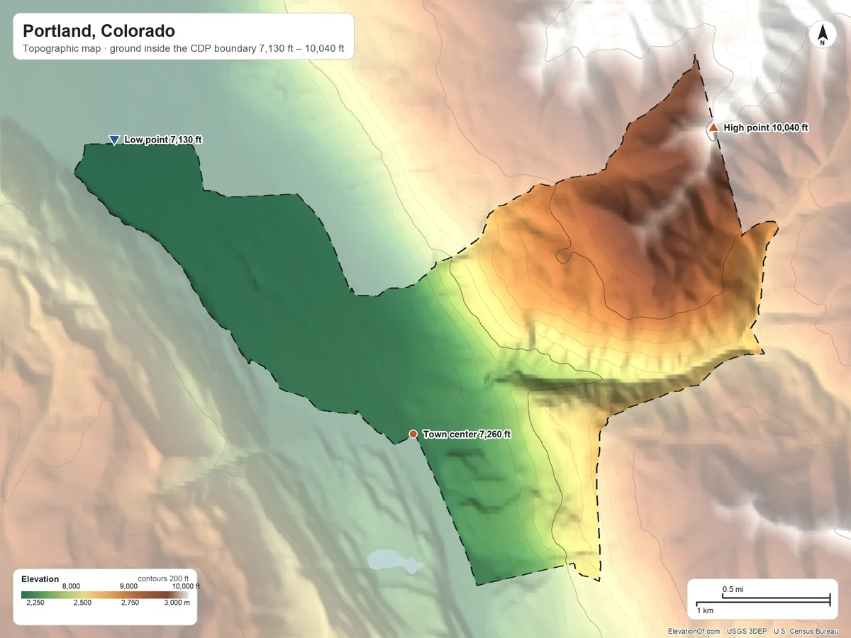 Topographic elevation map of Portland, Colorado, shaded from 7,130 ft on the northwest side to 10,040 ft on the northeast edge, below higher ground just outside