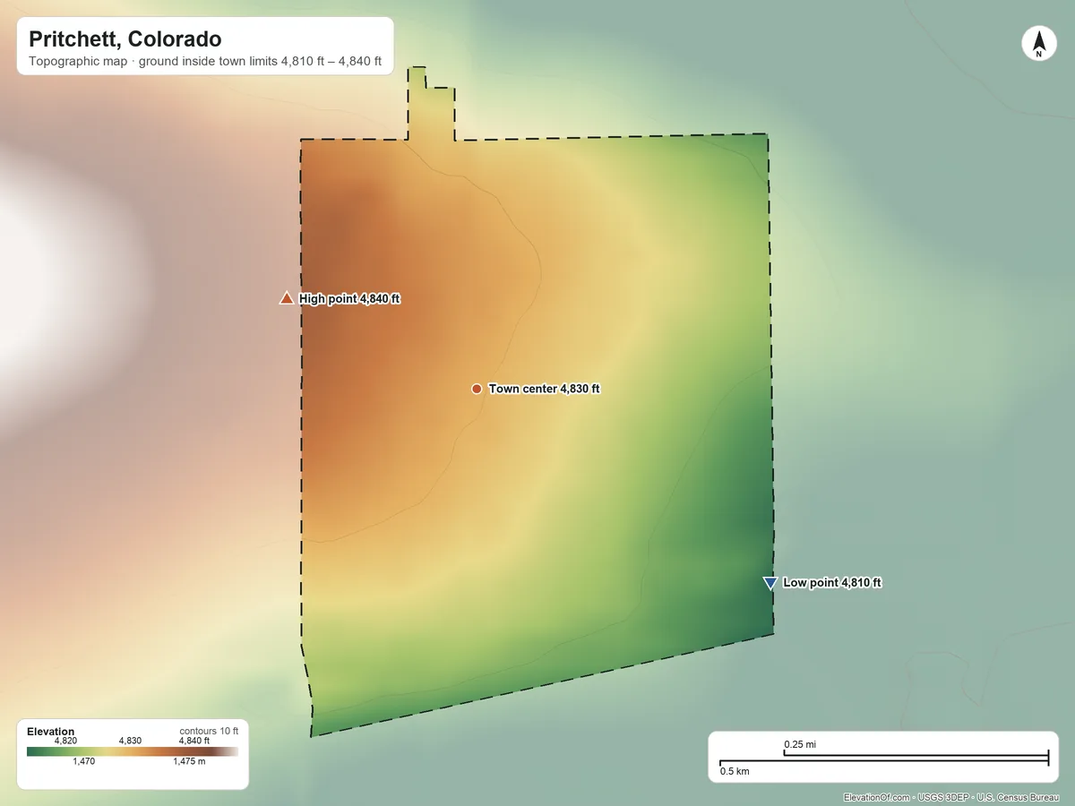 Topographic elevation map of Pritchett, Colorado, shaded from 4,810 ft on the southeast side to 4,840 ft on the northwest side