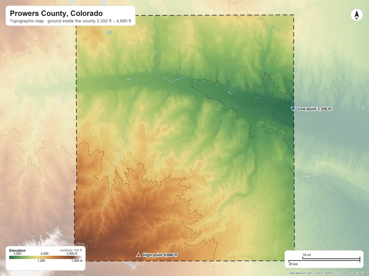Topographic elevation map of Prowers County, Colorado, shaded from 3,350 ft on the east side to 4,680 ft on Two Buttes