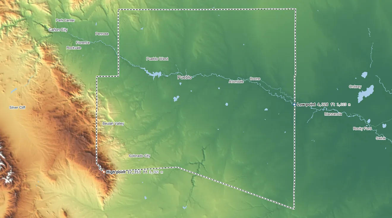 Topographic elevation map of Pueblo County, Colorado, shaded from 4,320 ft on the east side to 12,353 ft on Greenhorn Mountain