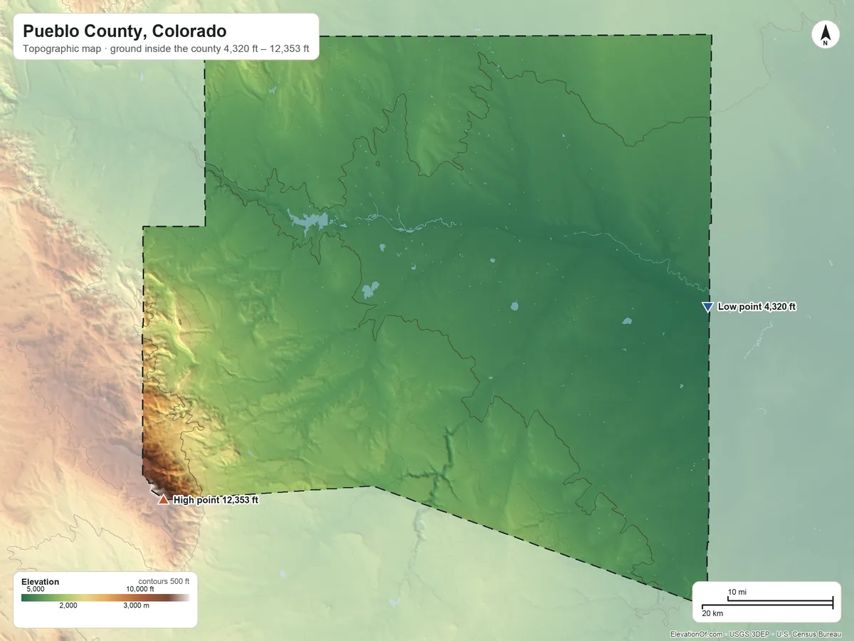 Topographic elevation map of Pueblo County, Colorado, shaded from 4,320 ft on the east side to 12,353 ft on Greenhorn Mountain