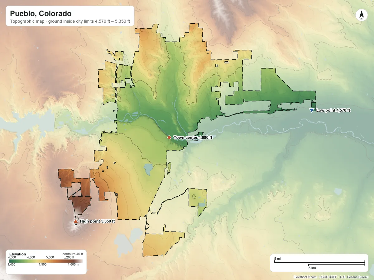 Topographic elevation map of Pueblo, Colorado, shaded from 4,570 ft on the east side to 5,350 ft on the southwest side