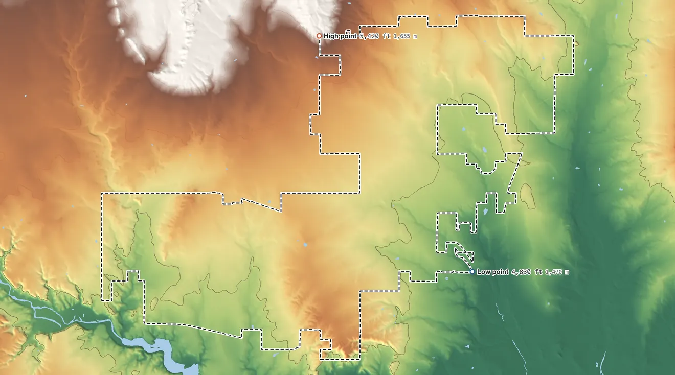 Topographic elevation map of Pueblo West, Colorado, shaded from 4,830 ft on the east side to 5,420 ft on the north side